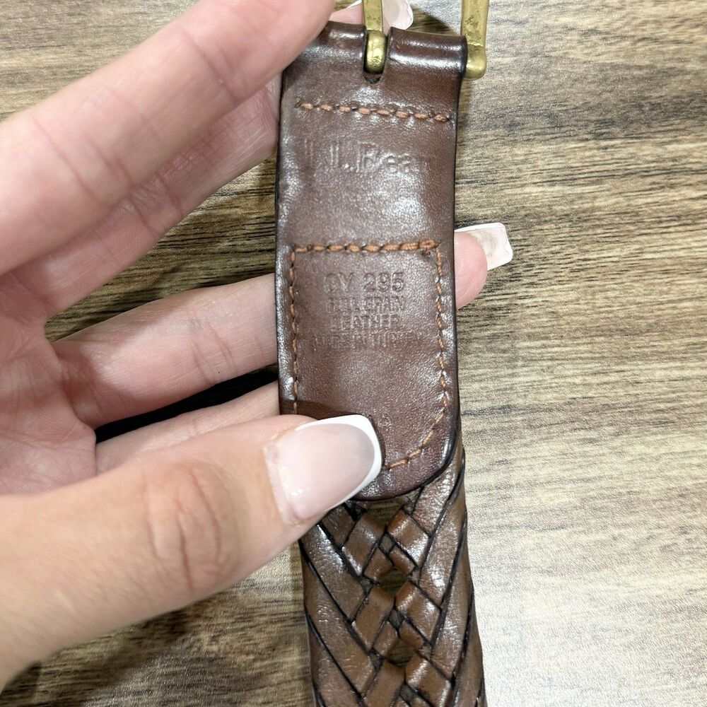 LL Bean Brown Braided Leather Belt Solid Brass Buckle Women Size Large 44 in. - Picture 2 of 3
